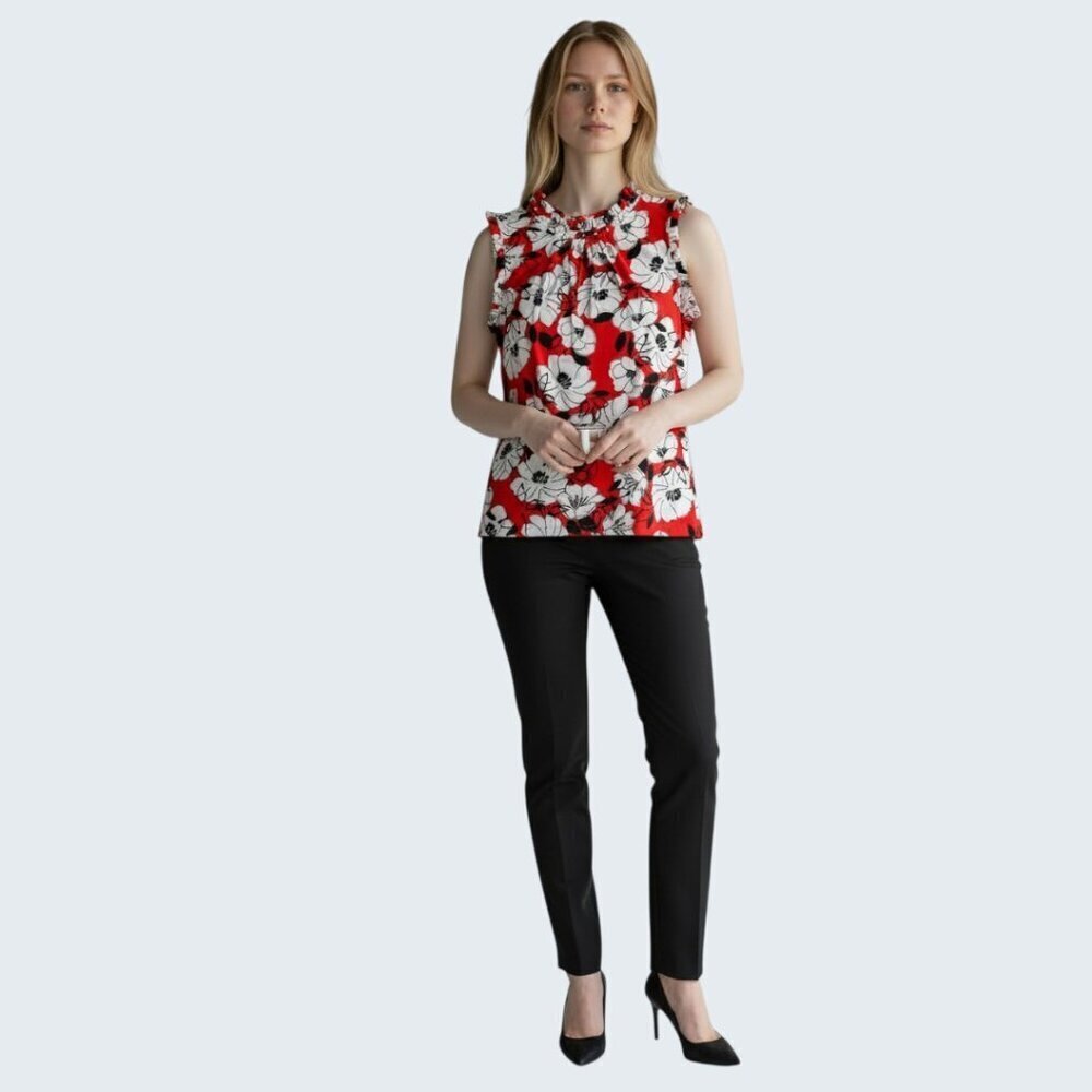 Karl Lagerfeld Womens Red Floral Sleeveless Ruffled Blouse Pearl Accents Med EUC
